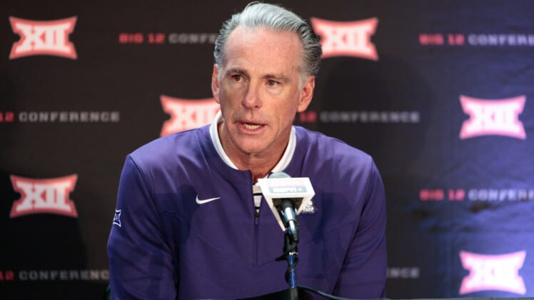 Oct 20, 2021; Kansas City, MO, USA;  TCU head coach Jamie Dixon question and answer session during the Big 12 Basketball Tipoffat T-Mobile Center. Mandatory Credit: William Purnell-USA TODAY Sports
