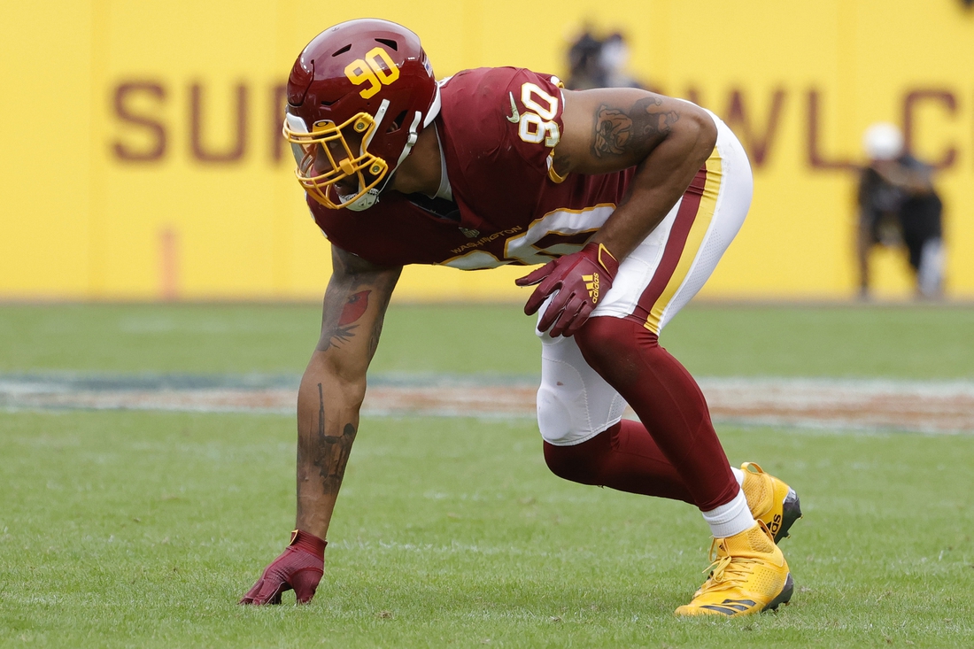 Oct 10, 2021; Landover, Maryland, USA; Washington Football Team defensive end Montez Sweat (90) lines up against the New Orleans Saints at FedExField. Mandatory Credit: Geoff Burke-USA TODAY Sports