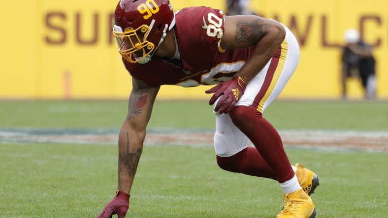 Oct 10, 2021; Landover, Maryland, USA; Washington Football Team defensive end Montez Sweat (90) lines up against the New Orleans Saints at FedExField. Mandatory Credit: Geoff Burke-USA TODAY Sports