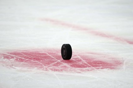 Oct 28, 2021; Los Angeles, California, USA; A detailed view of a NHL puck with the LA Kings logo in the first period of the game between the Winnipeg Jets and the Los Angeles Kings at Staples Center. Mandatory Credit: Kirby Lee-USA TODAY Sports