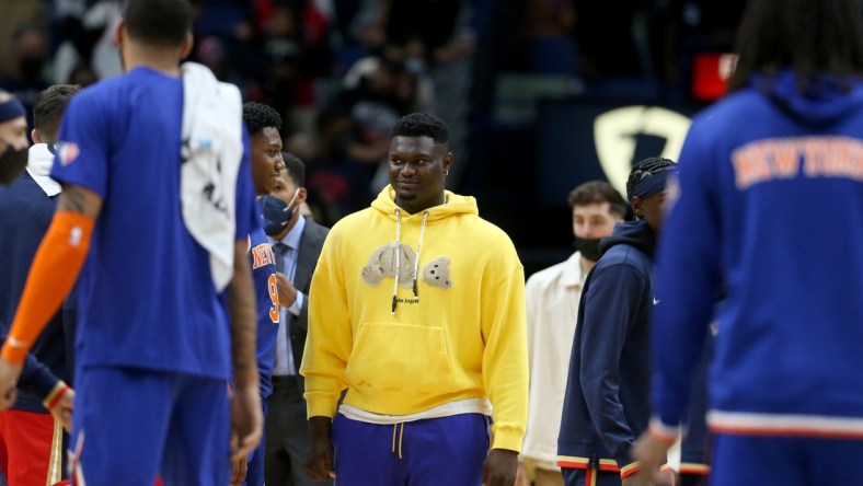 Oct 30, 2021; New Orleans, Louisiana, USA; New Orleans Pelicans forward Zion Williamson walks onto the court at the end of their game against the New York Knicks at the Smoothie King Center. Mandatory Credit: Chuck Cook-USA TODAY Sports