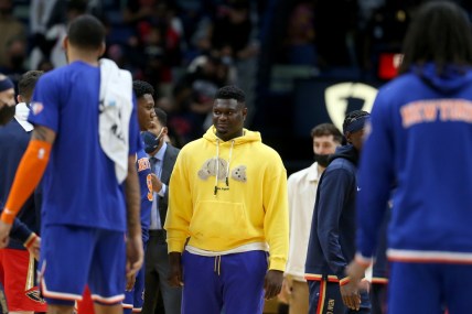 Oct 30, 2021; New Orleans, Louisiana, USA; New Orleans Pelicans forward Zion Williamson walks onto the court at the end of their game against the New York Knicks at the Smoothie King Center. Mandatory Credit: Chuck Cook-USA TODAY Sports