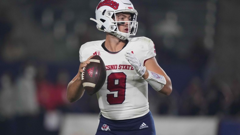 Oct 30, 2021; Carson, California, USA; Fresno State Bulldogs quarterback Jake Haener (9) throws the ball against the San Diego State Aztecs in the first half at Dignity Health Sports Park. Mandatory Credit: Kirby Lee-USA TODAY Sports