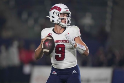 Oct 30, 2021; Carson, California, USA; Fresno State Bulldogs quarterback Jake Haener (9) throws the ball against the San Diego State Aztecs in the first half at Dignity Health Sports Park. Mandatory Credit: Kirby Lee-USA TODAY Sports