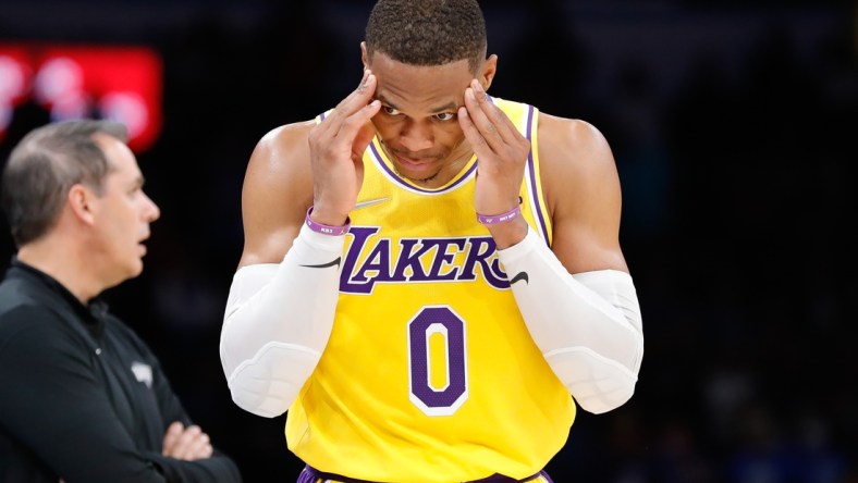 Oct 27, 2021; Oklahoma City, Oklahoma, USA; Los Angeles Lakers guard Russell Westbrook (0) reacts after a technical is called against him on a play against the Oklahoma City Thunder during the second half at Paycom Center. Oklahoma City won 123-115. Mandatory Credit: Alonzo Adams-USA TODAY Sports