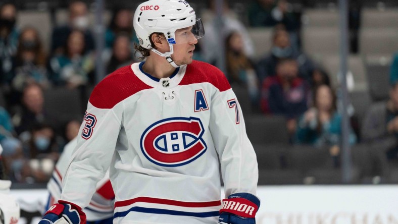 Oct 28, 2021; San Jose, California, USA;  Montreal Canadiens right wing Tyler Toffoli (73) during the second period against the San Jose Sharks at SAP Center at San Jose. Mandatory Credit: Stan Szeto-USA TODAY Sports