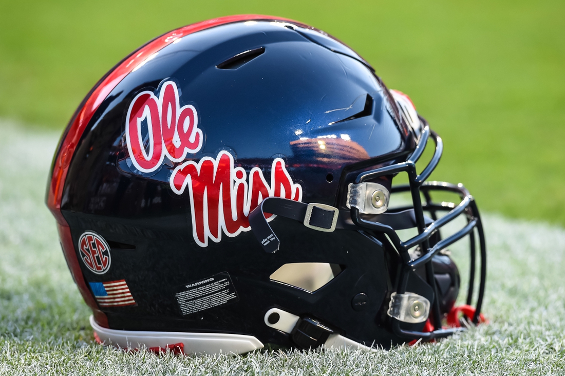 Oct 16, 2021; Knoxville, Tennessee, USA; Mississippi Rebels helmet on the field before a game between the Tennessee Volunteers and Mississippi Rebels at Neyland Stadium. Mandatory Credit: Bryan Lynn-USA TODAY Sports