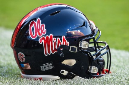 Oct 16, 2021; Knoxville, Tennessee, USA; Mississippi Rebels helmet on the field before a game between the Tennessee Volunteers and Mississippi Rebels at Neyland Stadium. Mandatory Credit: Bryan Lynn-USA TODAY Sports