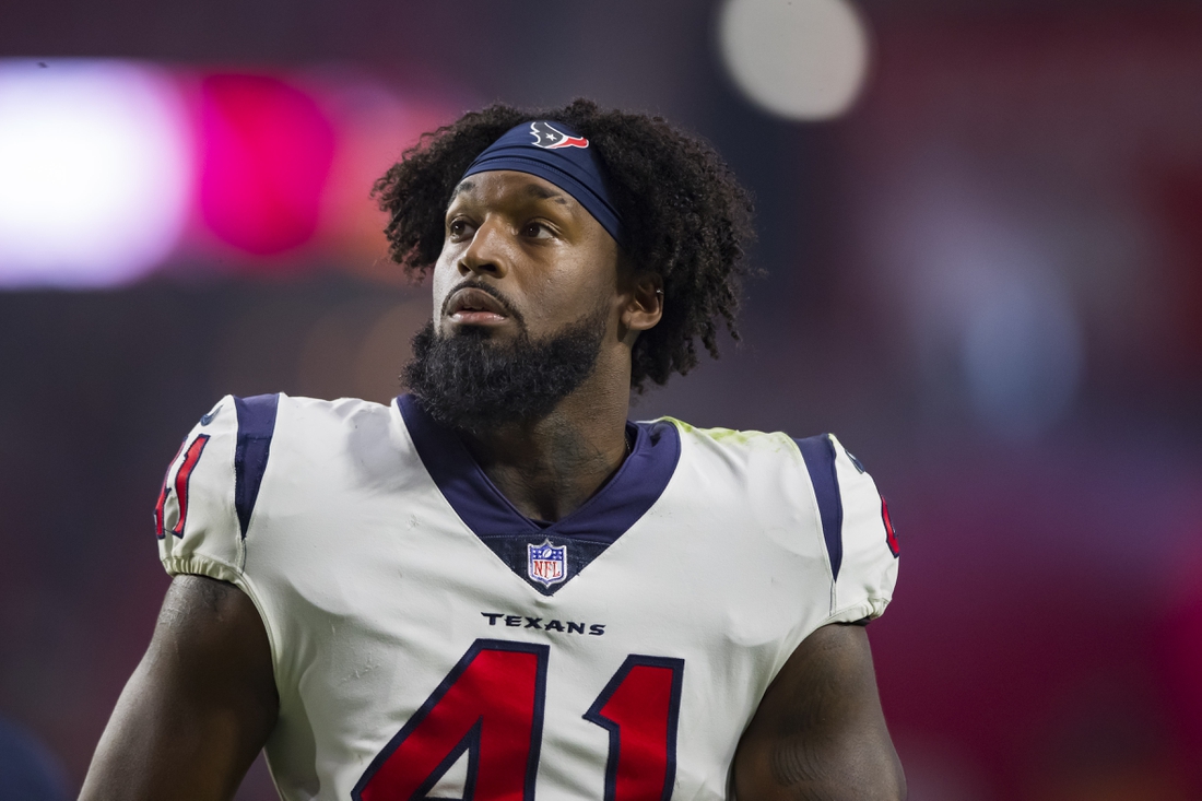 Oct 24, 2021; Glendale, Arizona, USA; Houston Texans linebacker Zach Cunningham (41) against the Arizona Cardinals at State Farm Stadium. Mandatory Credit: Mark J. Rebilas-USA TODAY Sports