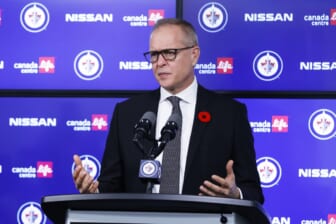 Nov 5, 2021; Winnipeg, Manitoba, CAN;  Winnipeg Jets Head Coach Paul Maurice talks to the press after their win over the Chicago Blackhawks at Canada Life Centre. Mandatory Credit: James Carey Lauder-USA TODAY Sports