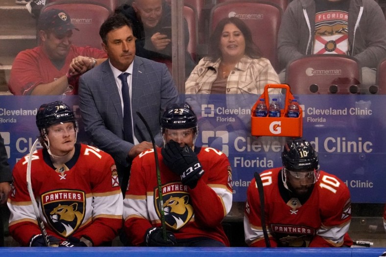 Nov 6, 2021; Sunrise, Florida, USA; Florida Panthers interim head coach Andrew Brunette watches from the bench during the third period against the Carolina Hurricanes at FLA Live Arena. Mandatory Credit: Jasen Vinlove-USA TODAY Sports