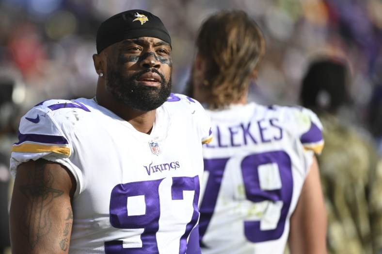 Nov 7, 2021; Baltimore, Maryland, USA;  Minnesota Vikings defensive end Everson Griffen (97) stands on the sidelines during the first half against the Baltimore Ravens  at M&T Bank Stadium. Mandatory Credit: Tommy Gilligan-USA TODAY Sports