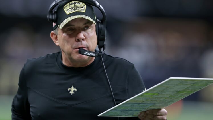 Nov 7, 2021; New Orleans, Louisiana, USA; New Orleans Saints head coach Sean Payton on the sidelines during the second half against the Atlanta Falcons at the Caesars Superdome. Mandatory Credit: Chuck Cook-USA TODAY Sports