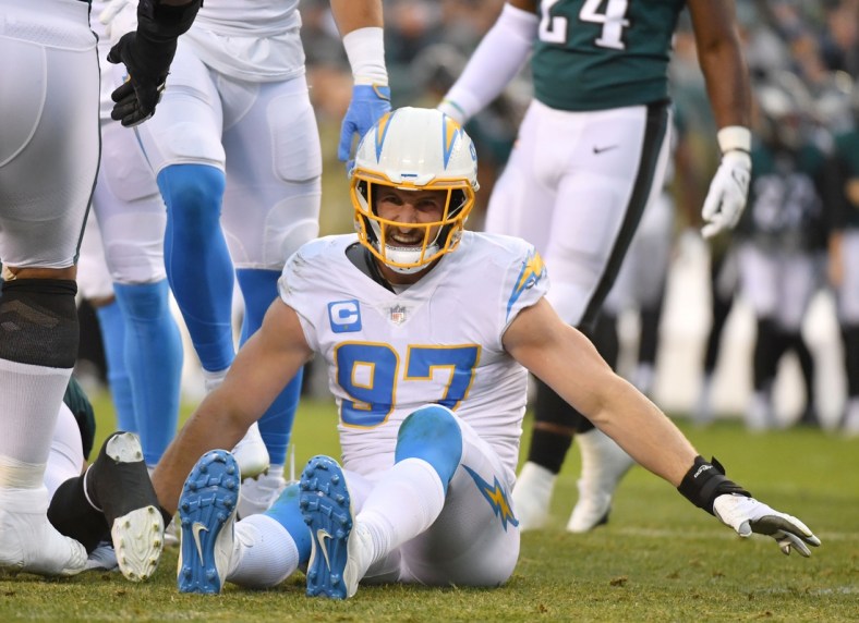 Nov 7, 2021; Philadelphia, Pennsylvania, USA; Los Angeles Chargers defensive end Joey Bosa (97) reacts after stooping Philadelphia Eagles quarterback Jalen Hurts (1) (not pictured) during the first quarter at Lincoln Financial Field. Mandatory Credit: Eric Hartline-USA TODAY Sports