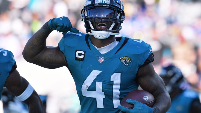 Jacksonville Jacksonville Jaguars linebacker Josh Allen (41) celebrates after he intercepted an errant pass from Buffalo Bills quarterback Josh Allen (17) during late third quarter action. The Jaguars were tied with the Bills 6 to 6 at the end of the first half and went on to win the game with a final score of 9 to 6. The Jacksonville Jaguars hosted the Buffalo Bills at TIAA Bank Field in Jacksonville, FL, Sunday, November 7, 2021. [Bob Self/Florida Times-Union]

Jki 110721 Bsjagsvsbuffalo 41