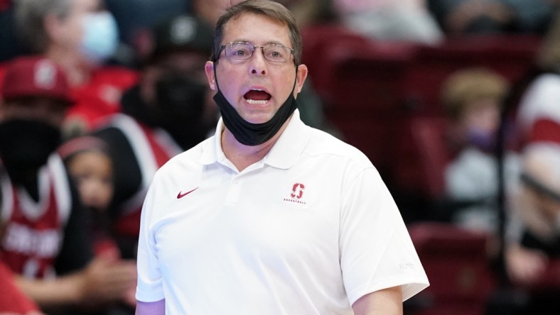 Nov 9, 2021; Stanford, California, USA; Stanford Cardinal head coach Jarod Haase yells from the sideline during the first half against the Tarleton State Texans at Maples Pavilion. Mandatory Credit: Darren Yamashita-USA TODAY Sports