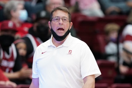 Nov 9, 2021; Stanford, California, USA; Stanford Cardinal head coach Jarod Haase yells from the sideline during the first half against the Tarleton State Texans at Maples Pavilion. Mandatory Credit: Darren Yamashita-USA TODAY Sports