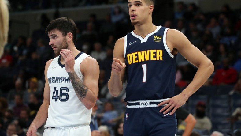 Nov 1, 2021; Memphis, Tennessee, USA; Denver Nuggets forward Michael Porter Jr. (1) gives direction before a free throw during the first half at FedExForum. Mandatory Credit: Petre Thomas-USA TODAY Sports