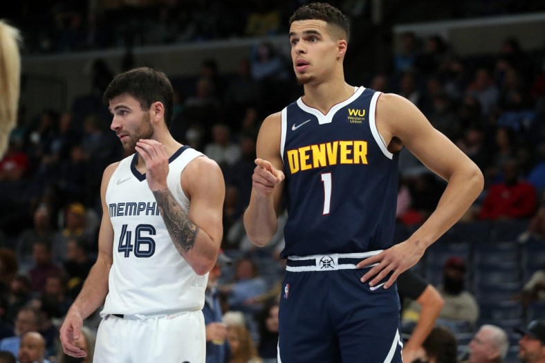 Nov 1, 2021; Memphis, Tennessee, USA; Denver Nuggets forward Michael Porter Jr. (1) gives direction before a free throw during the first half at FedExForum. Mandatory Credit: Petre Thomas-USA TODAY Sports