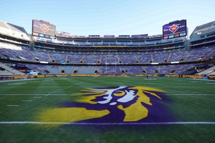 Nov 13, 2021; Baton Rouge, Louisiana, USA; A general overall view of the LSU Tigers logo at midfield at Tiger Stadium. Mandatory Credit: Kirby Lee-USA TODAY Sports