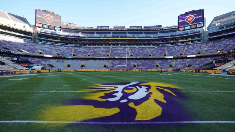 Nov 13, 2021; Baton Rouge, Louisiana, USA; A general overall view of the LSU Tigers logo at midfield at Tiger Stadium. Mandatory Credit: Kirby Lee-USA TODAY Sports