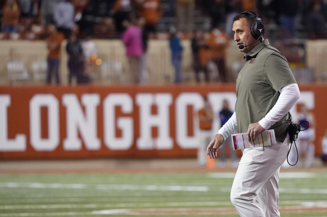 Nov 13, 2021; Austin, Texas, USA; Texas Longhorns head coach Steve Sarkisian during the second half against the Kansas Jayhawks at Darrell K Royal-Texas Memorial Stadium. Mandatory Credit: Scott Wachter-USA TODAY Sports