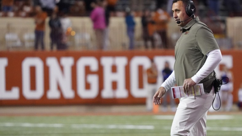 Nov 13, 2021; Austin, Texas, USA; Texas Longhorns head coach Steve Sarkisian during the second half against the Kansas Jayhawks at Darrell K Royal-Texas Memorial Stadium. Mandatory Credit: Scott Wachter-USA TODAY Sports