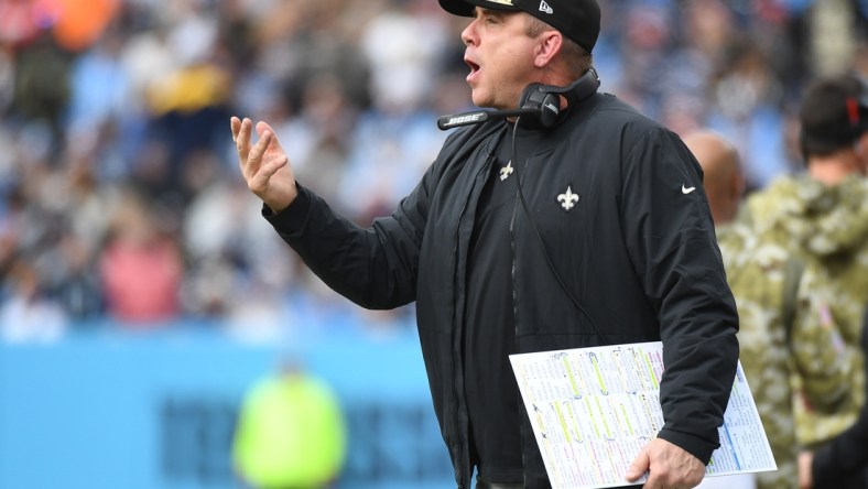 Nov 14, 2021; Nashville, Tennessee, USA; New Orleans Saints head coach Sean Payton calls officials to the sideline after a penalty call during the first half against the Tennessee Titans at Nissan Stadium. Mandatory Credit: Christopher Hanewinckel-USA TODAY Sports