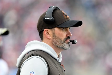 Nov 14, 2021; Foxborough, Massachusetts, USA; Cleveland Browns head coach Kevin Stefanski watches a play against the New England Patriots during the second half at Gillette Stadium. Mandatory Credit: Brian Fluharty-USA TODAY Sports