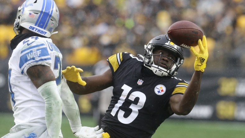 Nov 14, 2021; Pittsburgh, Pennsylvania, USA;  Pittsburgh Steelers wide receiver James Washington (13) can not catch a pass as Detroit Lions cornerback Amani Oruwariye (24) defends during the third quarter  at Heinz Field. The game ended in a 16-16 tie. Mandatory Credit: Charles LeClaire-USA TODAY Sports