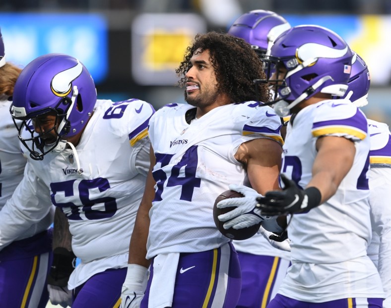 Nov 14, 2021; Inglewood, California, USA;  Minnesota Vikings middle linebacker Eric Kendricks (54) celebrates after he intercepted a pass in the first half against the Los Angeles Chargers at SoFi Stadium. Mandatory Credit: Jayne Kamin-Oncea-USA TODAY Sports