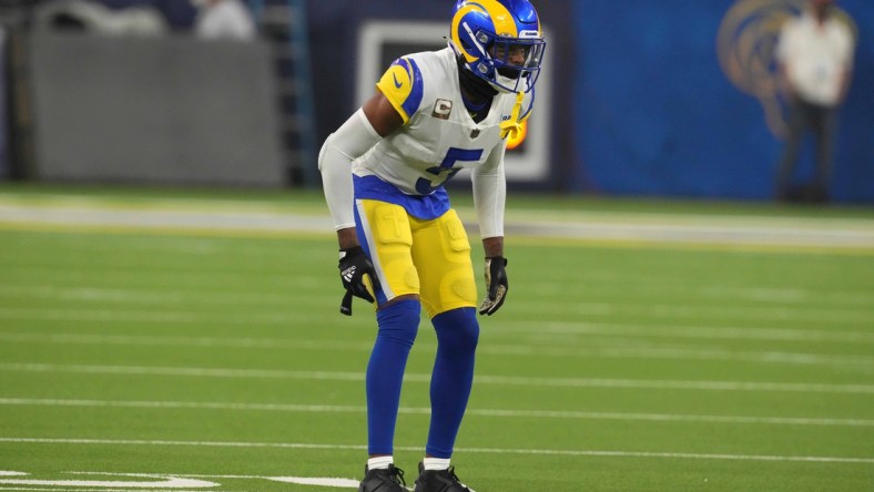 Nov 7, 2021; Inglewood, California, USA; Los Angeles Rams cornerback Jalen Ramsey (5) during the game against the Tennessee Titans at SoFi Stadium. The Titans defeated the Rams 28-16. Mandatory Credit: Kirby Lee-USA TODAY Sports