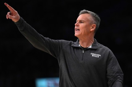 Nov 15, 2021; Los Angeles, California, USA; Chicago Bulls coach Billy Donovan reacts against the Los Angeles Lakers in the first half at Staples Center. The Bulls defeated the Lakers 121-103.  Mandatory Credit: Kirby Lee-USA TODAY Sports