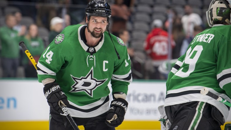 Nov 16, 2021; Dallas, Texas, USA; Dallas Stars left wing Jamie Benn (14) skates off the ice after the the win over the Detroit Red Wings at the American Airlines Center. Mandatory Credit: Jerome Miron-USA TODAY Sports