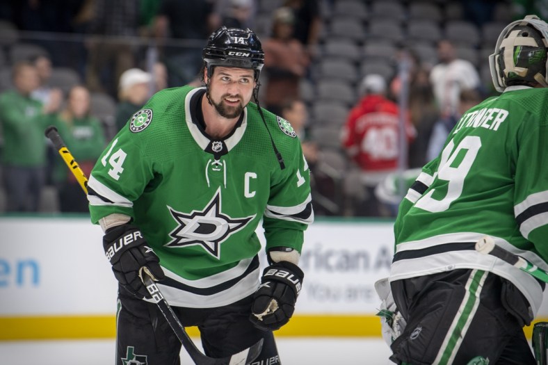 Nov 16, 2021; Dallas, Texas, USA; Dallas Stars left wing Jamie Benn (14) skates off the ice after the the win over the Detroit Red Wings at the American Airlines Center. Mandatory Credit: Jerome Miron-USA TODAY Sports