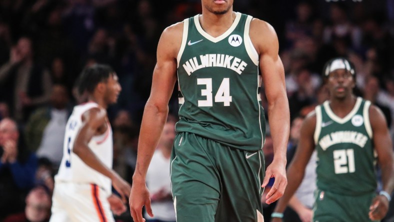 Nov 10, 2021; New York, New York, USA; Milwaukee Bucks forward Giannis Antetokounmpo (34) at Madison Square Garden. Mandatory Credit: Wendell Cruz-USA TODAY Sports