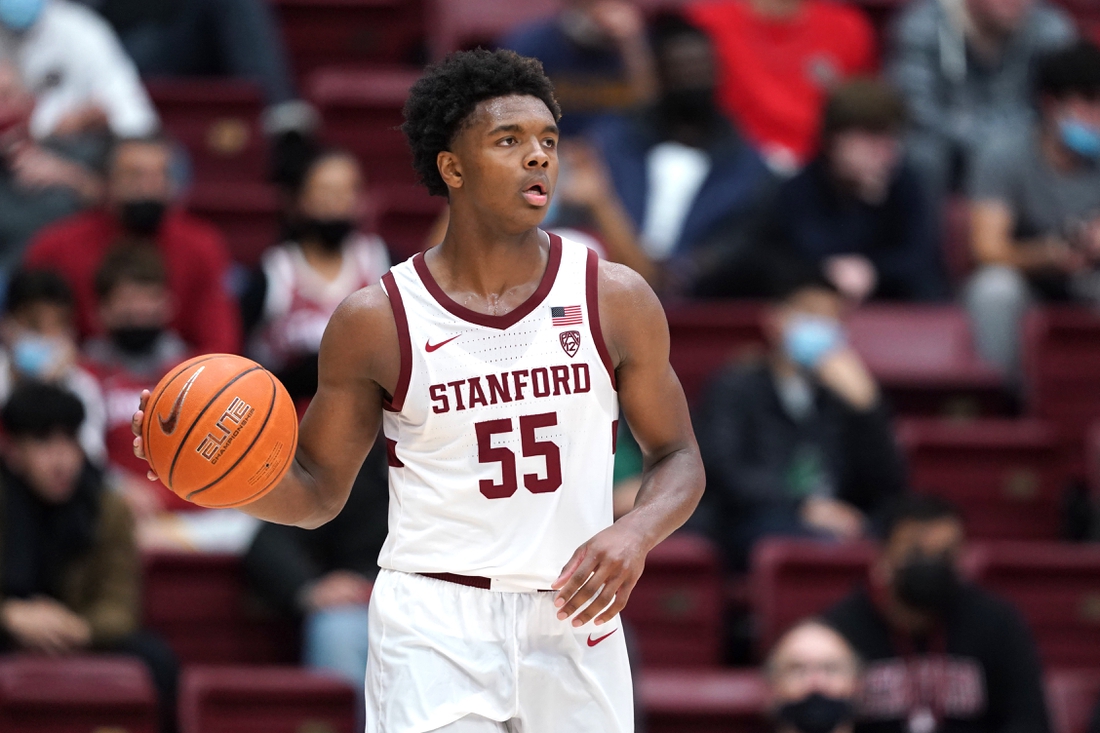 Nov 9, 2021; Stanford, California, USA; Stanford Cardinal forward Harrison Ingram (55) dribbles during the second half against the Tarleton State Texans at Maples Pavilion. Mandatory Credit: Darren Yamashita-USA TODAY Sports