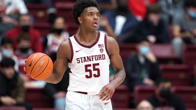 Nov 9, 2021; Stanford, California, USA; Stanford Cardinal forward Harrison Ingram (55) dribbles during the second half against the Tarleton State Texans at Maples Pavilion. Mandatory Credit: Darren Yamashita-USA TODAY Sports