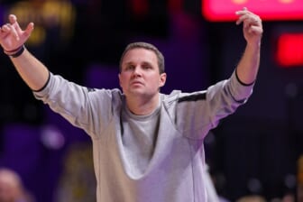 Nov 18, 2021; Baton Rouge, Louisiana, USA;  LSU Tigers head coach Will Wade coaches against McNeese State Cowboys during the first half at Pete Maravich Assembly Center. Mandatory Credit: Stephen Lew-USA TODAY Sports