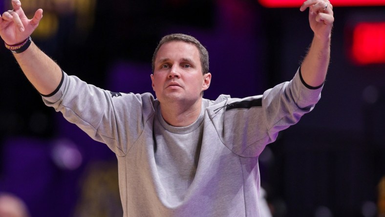 Nov 18, 2021; Baton Rouge, Louisiana, USA;  LSU Tigers head coach Will Wade coaches against McNeese State Cowboys during the first half at Pete Maravich Assembly Center. Mandatory Credit: Stephen Lew-USA TODAY Sports