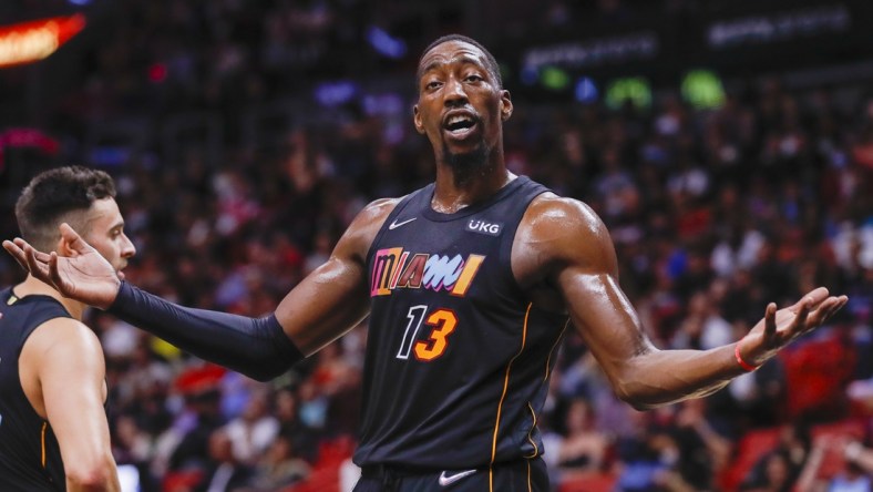 Nov 18, 2021; Miami, Florida, USA; Miami Heat center Bam Adebayo (13) reacts from the court against the Washington Wizards during the fourth quarter of the game at FTX Arena. Mandatory Credit: Sam Navarro-USA TODAY Sports