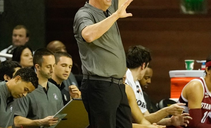 Nov 20, 2021; Waco, Texas, USA; Stanford Cardinal head coach Jerod Haase reacts to a play against the Baylor Bears during the first half at Ferrell Center. Mandatory Credit: Chris Jones-USA TODAY Sports