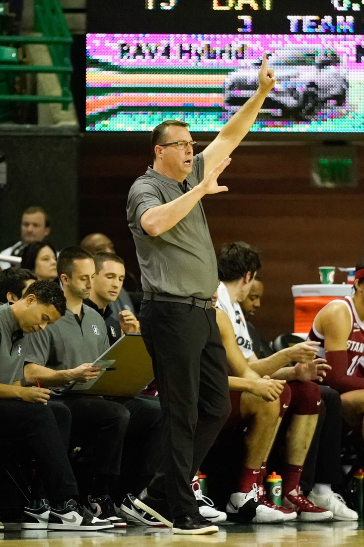 Nov 20, 2021; Waco, Texas, USA; Stanford Cardinal head coach Jerod Haase reacts to a play against the Baylor Bears during the first half at Ferrell Center. Mandatory Credit: Chris Jones-USA TODAY Sports