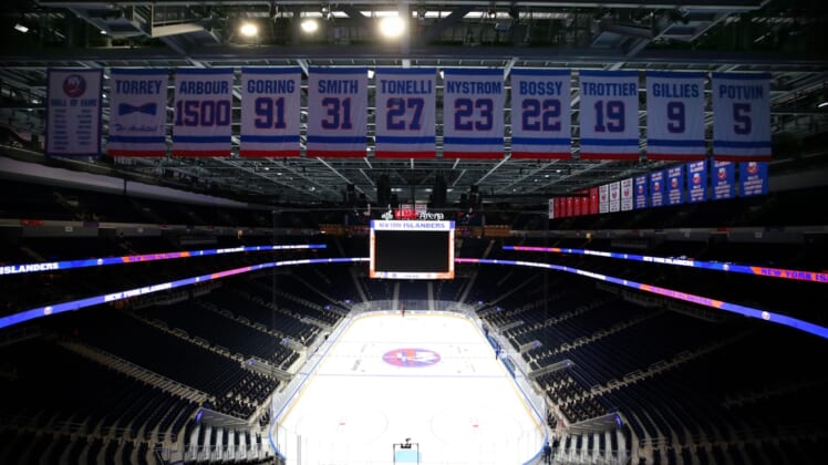Nov 20, 2021; Elmont, New York, USA; General view of the inside of the arena before the New York Islanders play the Calgary Flames in the first ever hockey game at UBS Arena. Mandatory Credit: Brad Penner-USA TODAY Sports