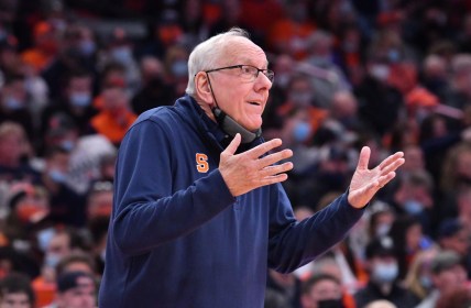 Nov 20, 2021; Syracuse, New York, USA; Syracuse Orange head coach Jim Boeheim questions a call in the first half game against the Colgate Raiders at the Carrier Dome. Mandatory Credit: Mark Konezny-USA TODAY Sports
