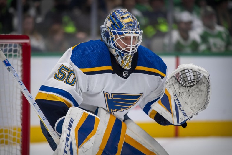 Nov 20, 2021; Dallas, Texas, USA; St. Louis Blues goaltender Jordan Binnington (50) faces the Dallas Stars attack during the second period at the American Airlines Center. Mandatory Credit: Jerome Miron-USA TODAY Sports