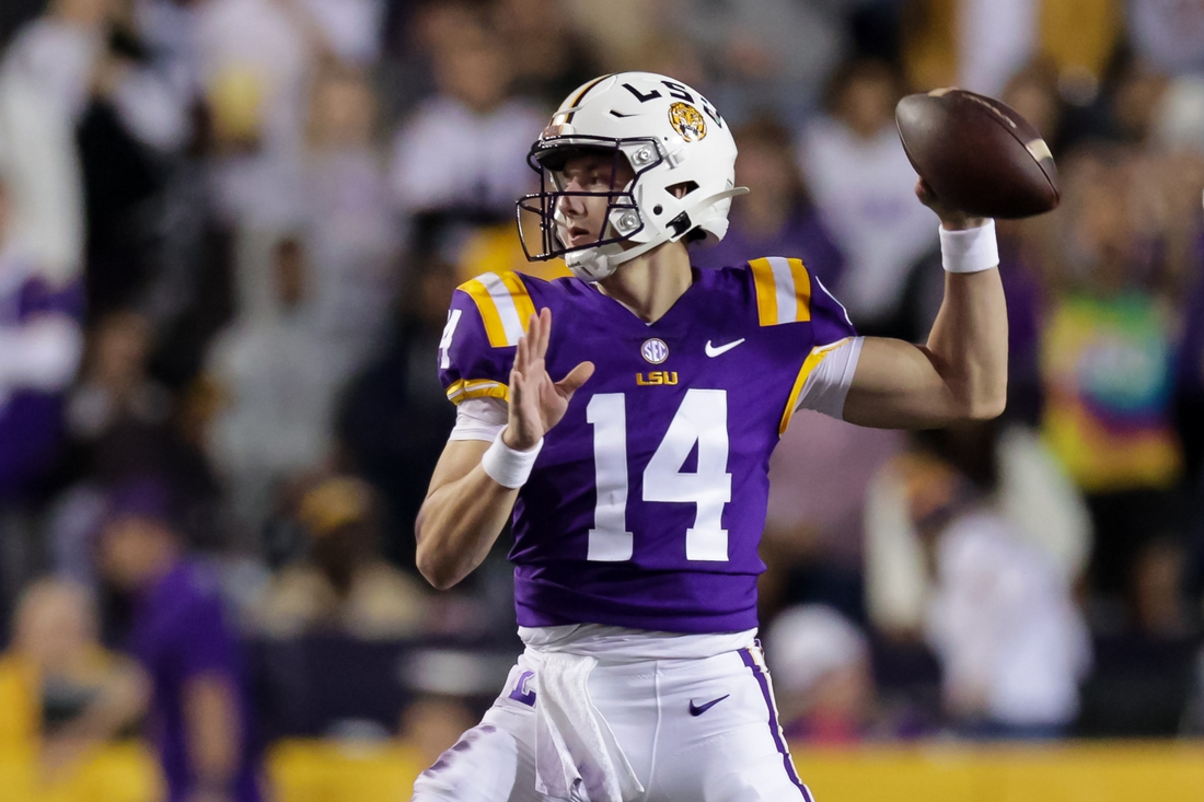 Nov 20, 2021; Baton Rouge, Louisiana, USA;  LSU Tigers quarterback Max Johnson (14) passes the ball against Louisiana Monroe Warhawks during the first half at Tiger Stadium. Mandatory Credit: Stephen Lew-USA TODAY Sports