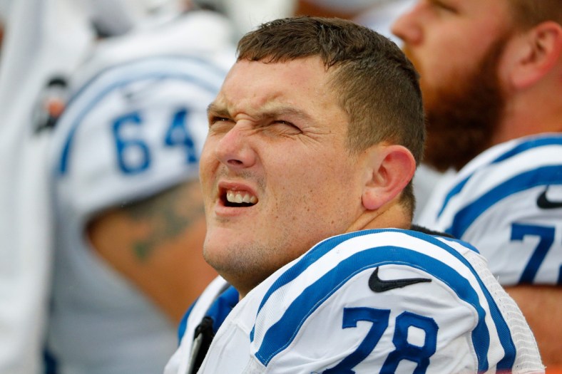 Indianapolis Colts center Ryan Kelly (78) squints from the bench during a rainy, chilly game against the Buffalo Bills on Sunday, Nov. 21, 2021, at Highmark Stadium in Orchard Park, N.Y.

Indianapolis Colts At Buffalo Bills Nfl On Sunday Nov 21 2021 At Highmark Stadium In Orchard Park N Y