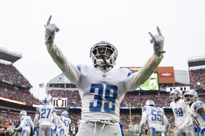 Nov 21, 2021; Cleveland, Ohio, USA; Detroit Lions cornerback Jerry Jacobs (39) celebrates the team   s interception against the Cleveland Browns during the fourth quarter at FirstEnergy Stadium. Mandatory Credit: Scott Galvin-USA TODAY Sports
