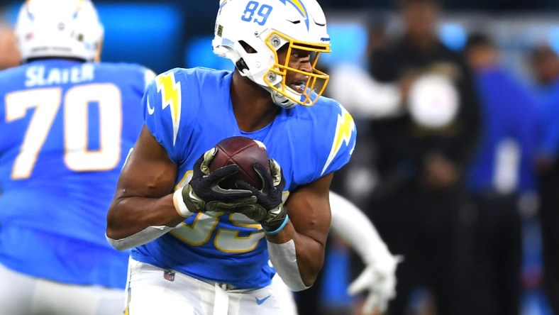 Nov 21, 2021; Inglewood, California, USA; Los Angeles Chargers tight end Donald Parham (89) holds on to a complete pass in the first half of the game against the Pittsburgh Steelers at SoFi Stadium. Mandatory Credit: Jayne Kamin-Oncea-USA TODAY Sports